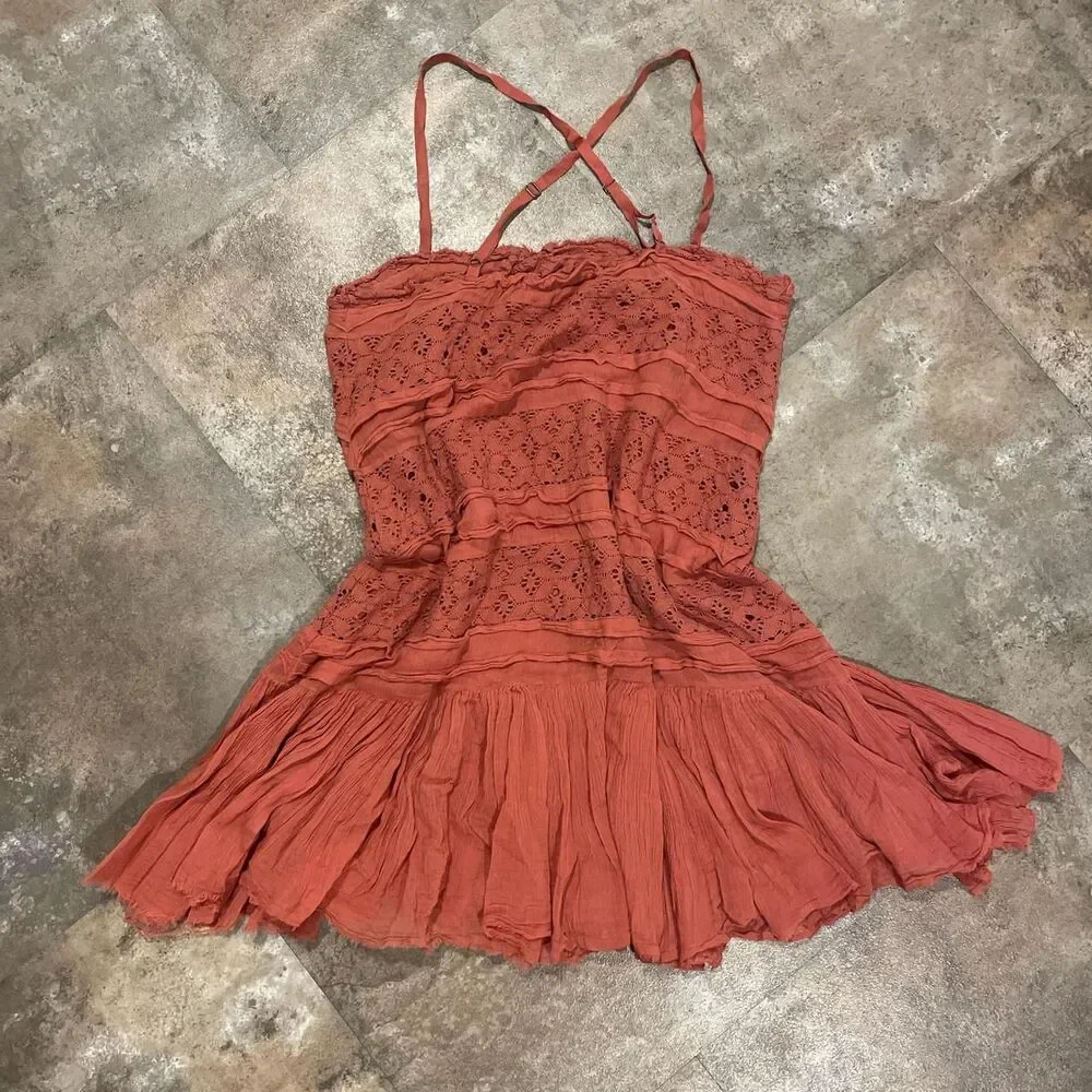 free people cross back flowy tiered coral crochet dress size medium - Picture 5 of 6